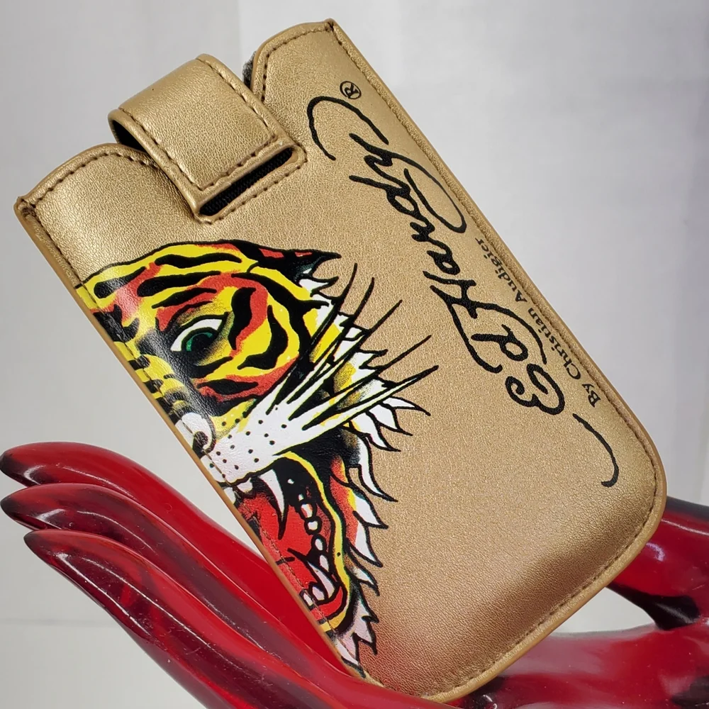 ED HARDY GOLD UNIVERSAL CELL PHONE CASE WITH LEATHER PULL & SNAP CLOSURE. $48.00